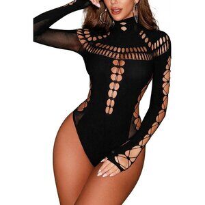 Women's Sexy Cutout Turtleneck Long Sleeve Seamless Mesh Snap Crotch Thong